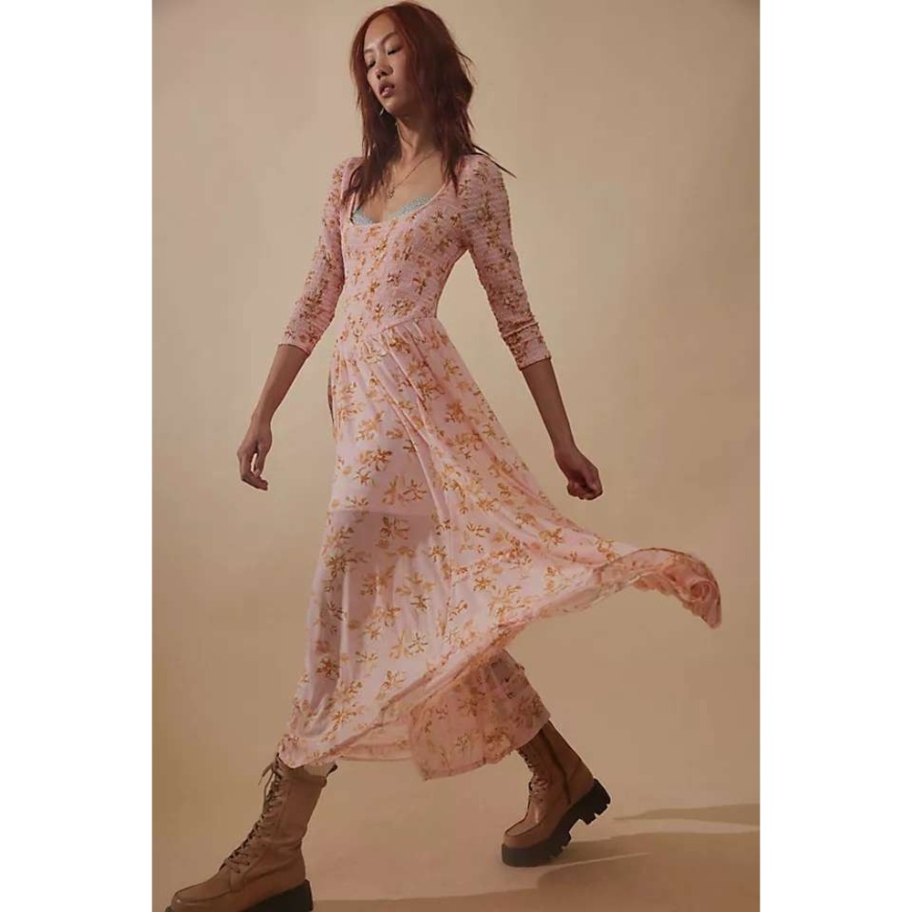 Free People It's Fate Midi Dress Womens Medium Pink Floral Boho Peasant Cottage